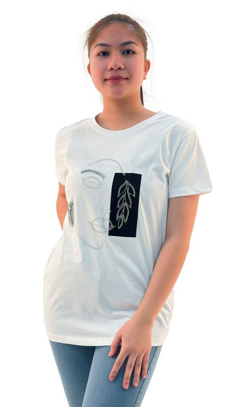 Women's Lady Face Print Round Neck Short Sleeve T-Shirt - White