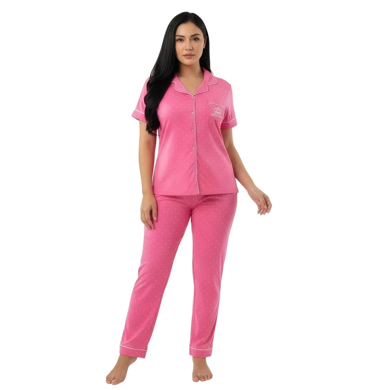 292359  Women's Polka Dot Button-Up Pajama Set - DeepPink