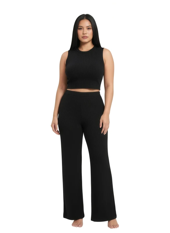 Women's Rust Ribbed Co-ord Set with Sleeveless Top - Black