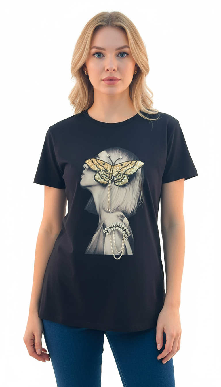 Women's Lady With Butterfly Print Round Neck Short Sleeve T-Shirt - Black