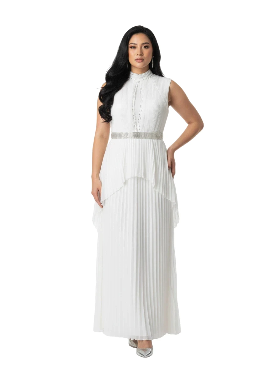 Women's Crystal Trim Mock Neck Pleated Dress - White