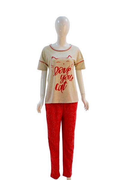 Women's "Love Your Cat" Cotton Pajama Set - LightGrey