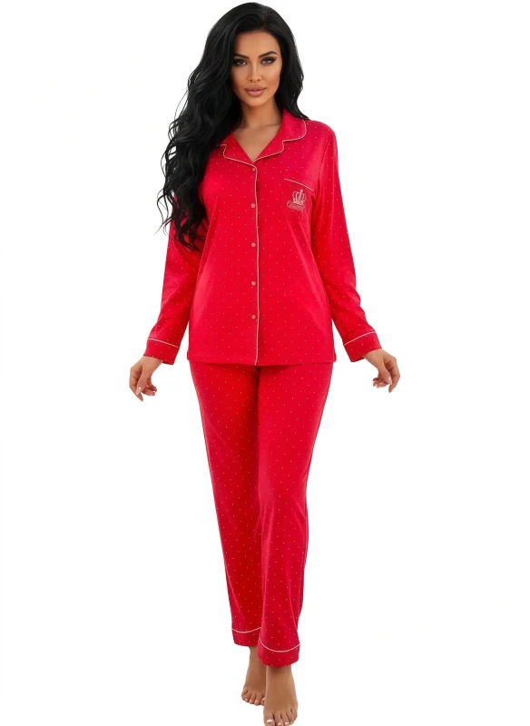 Women Crown Embroidered Polka Dot Pajama - DeepPink