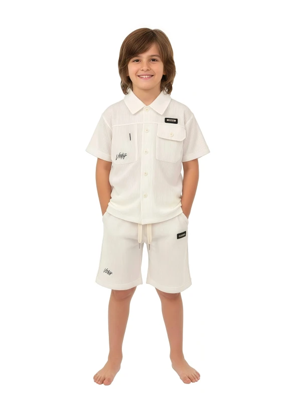 Boy's Monochrome Ribbed Shirt and Short Combo - White