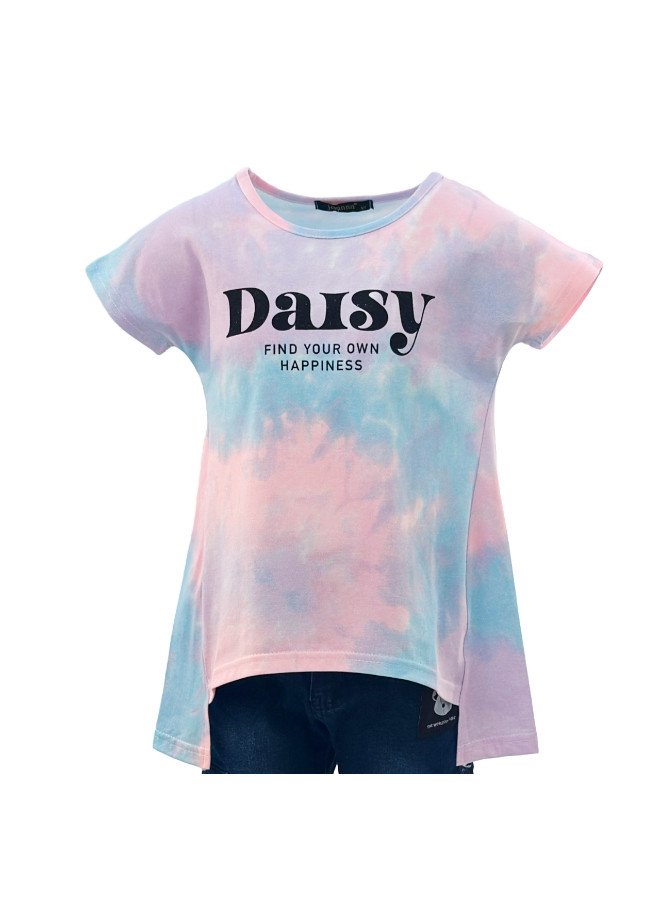Girl's Long Back With Daisy Find Your Happiness Print Round Neck Short Sleeve T-Shirt - Blue