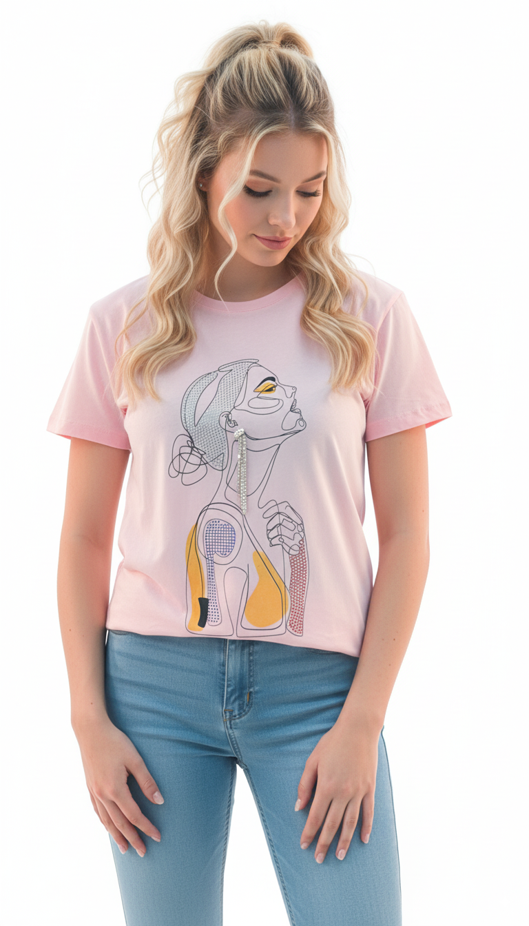 Women's Sad Lady Print Round Neck Short Sleeve T-Shirt - Pink