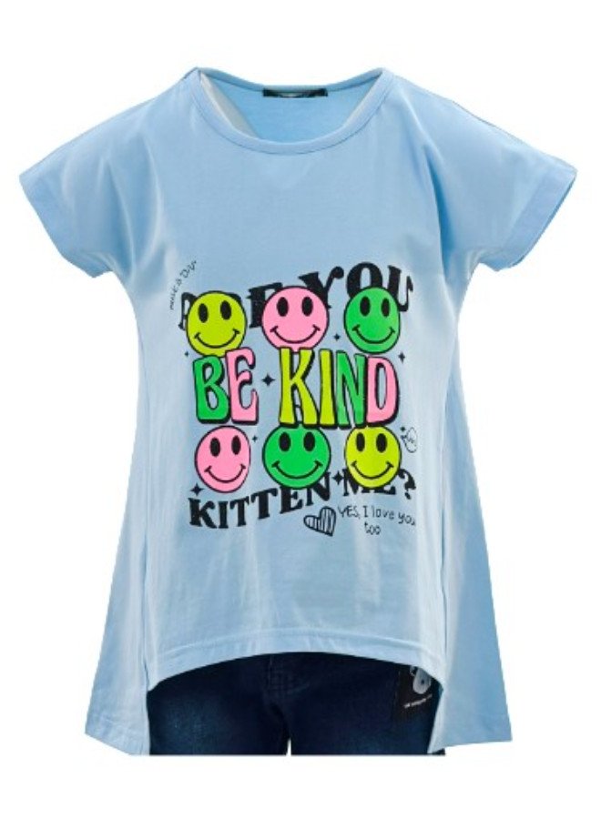 Girl's Smiley with Be Kind Print Round Neck Long Back Short Sleeve T-Shirt - Blue