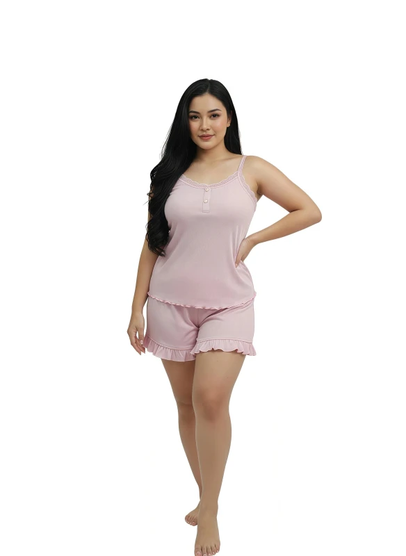281903-2T Women's Ruffle Hem Cami & Shorts  Set - Pink
