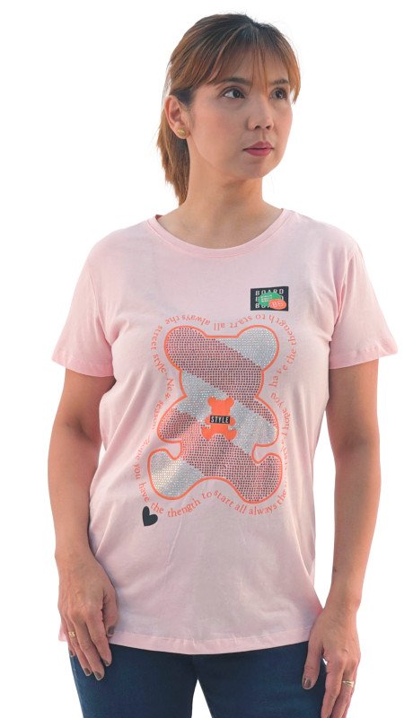Women's Bear Design With Quotes Round Neck Short Sleeve T-Shirt - Pink