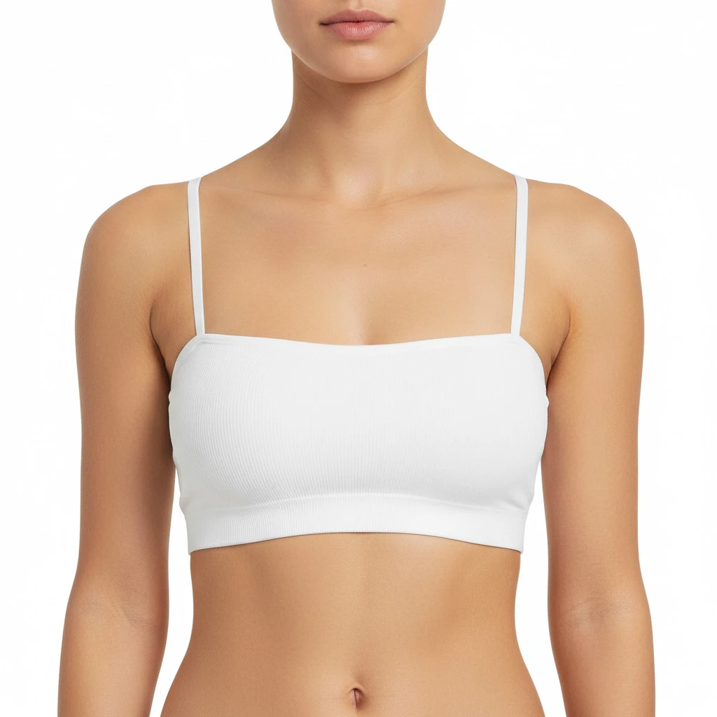 A2120373 Women's Seamless Ribbed Spaghetti Strap Bralette - Minimalist Nude Crop Bandeau Top - White