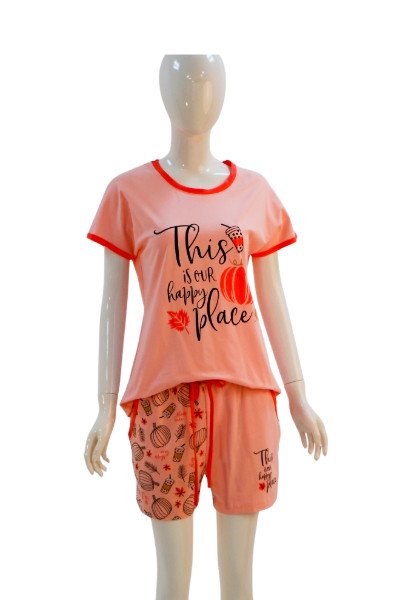 Women's Printed Cotton Lounge Set – "This is Our Happy Place" - Pink