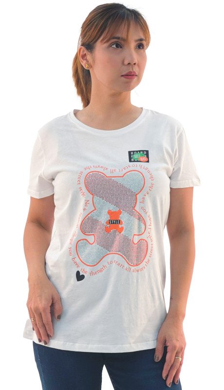 Women's Bear Design With Quotes Round Neck Short Sleeve T-Shirt - White