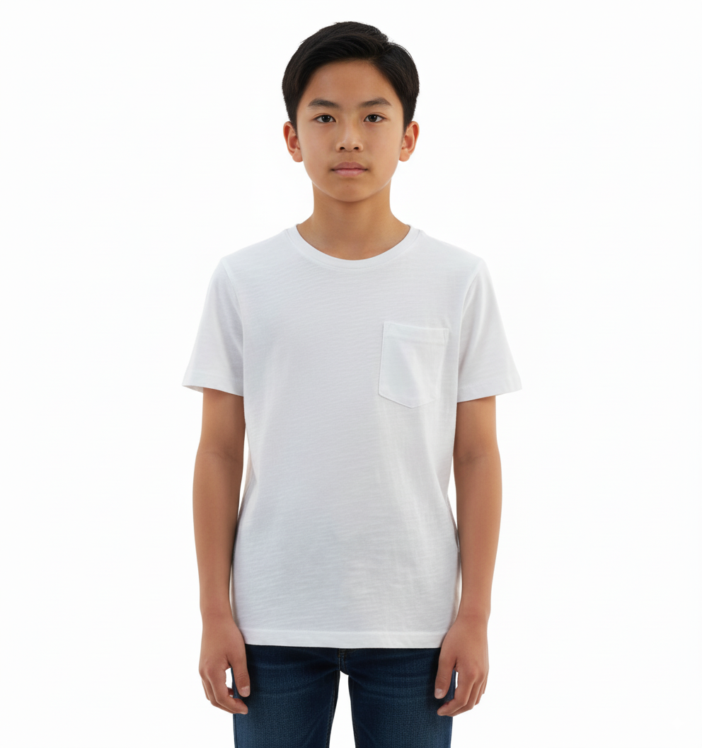 Boy's Crew Neck Pocket Short Sleeve T-Shirt - White