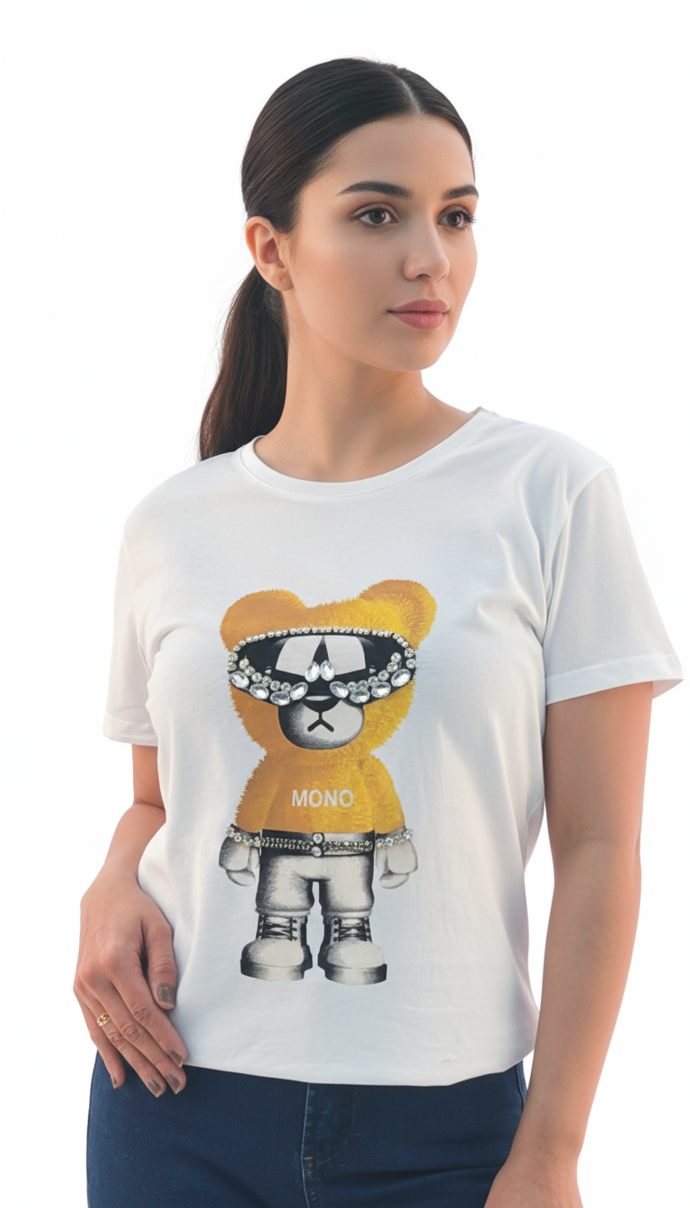 Women's Mono Bear Print Round Neck Short Sleeve T-Shirt - White