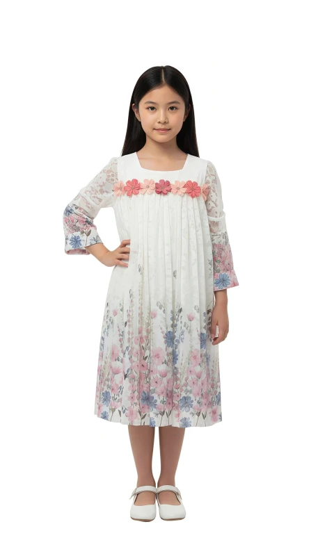 Girls' Floral Appliqué Dress - Pink