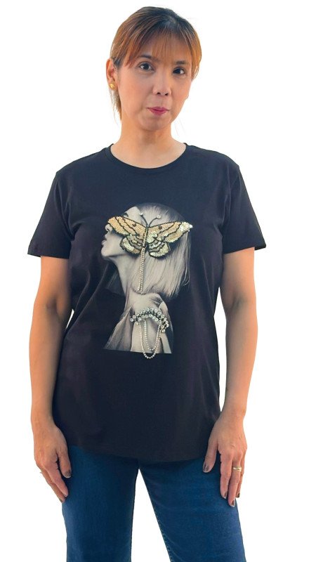 Women's Lady With Butterfly Print Round Neck Short Sleeve T-Shirt - Black