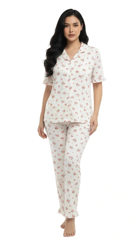 Women's Ruffled Rose Garden Pajama Set - Beige