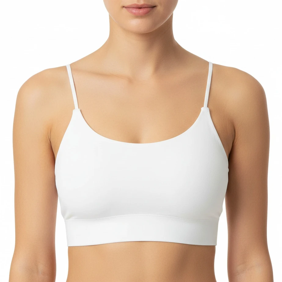 A2112029WWomen's Seamless Cropped Cami Top – Ribbed Hem Spaghetti Strap Bralette - White
