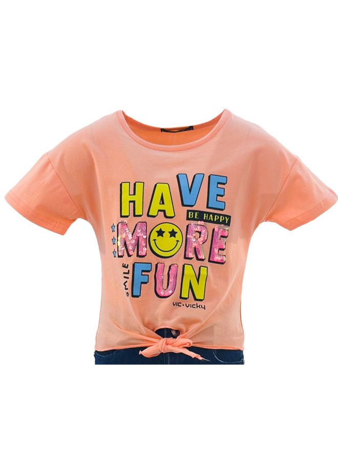 Girl's Front Tie With Have More Fun Print Round Neck Short Sleeve T-Shirt - Orange