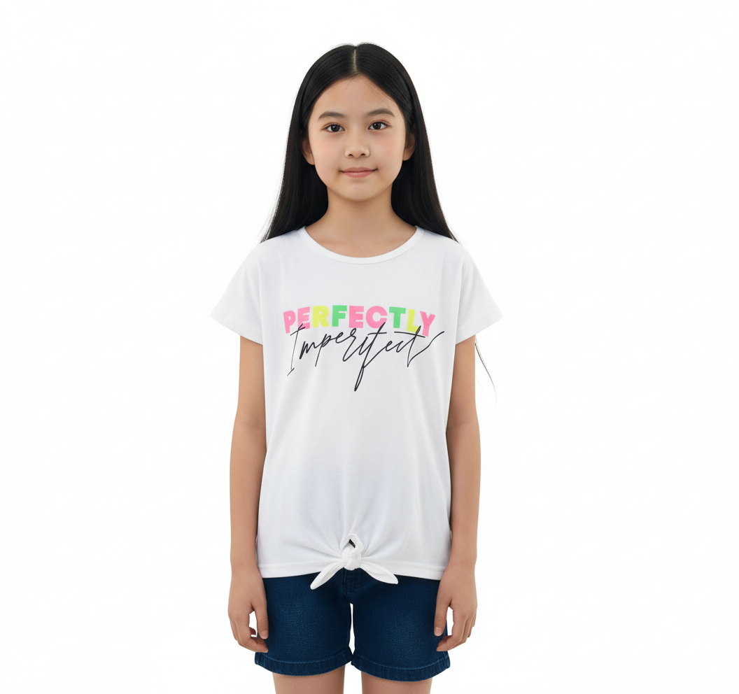 Girl's Front Tie With Perfectly Imperfect Print Round Neck Short Sleeve T-Shirt - White