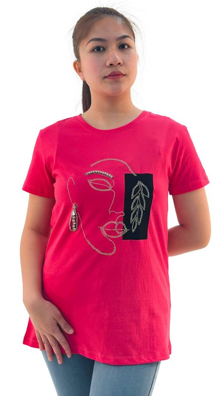 Women's Lady Face Print Round Neck Short Sleeve T-Shirt - Pink