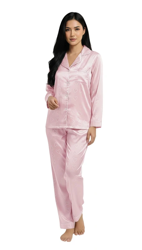 Silky Heart Print Ladies' Pajama Set - Pink