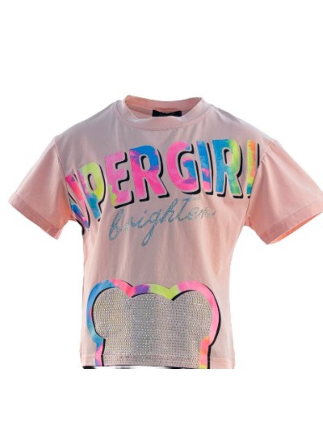 Girl's Super Girl Brighter Print Round Neck Short Sleeve T-Shirt - PeachPuff