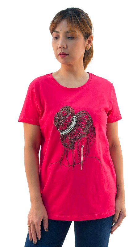 Women's Lady With Hair Bun Print Round Neck Short Sleeve T-Shirt - Pink