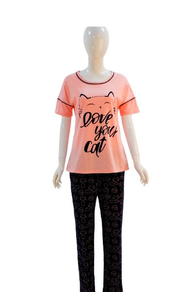 Women's "Love Your Cat" Cotton Pajama Set - Pink