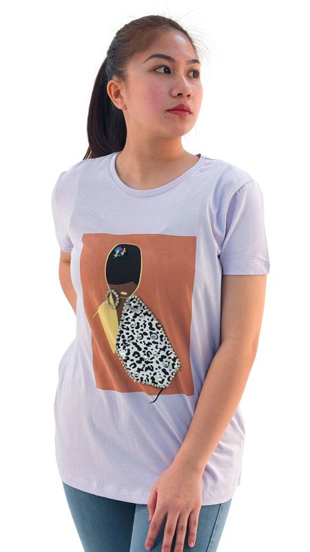 Women's Lady Design Round Neck Short Sleeve T-Shirt - Violet