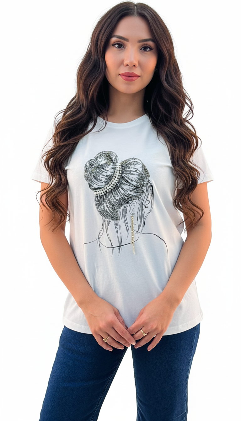 Women's Lady With Hair Bun Print Round Neck Short Sleeve T-Shirt - White