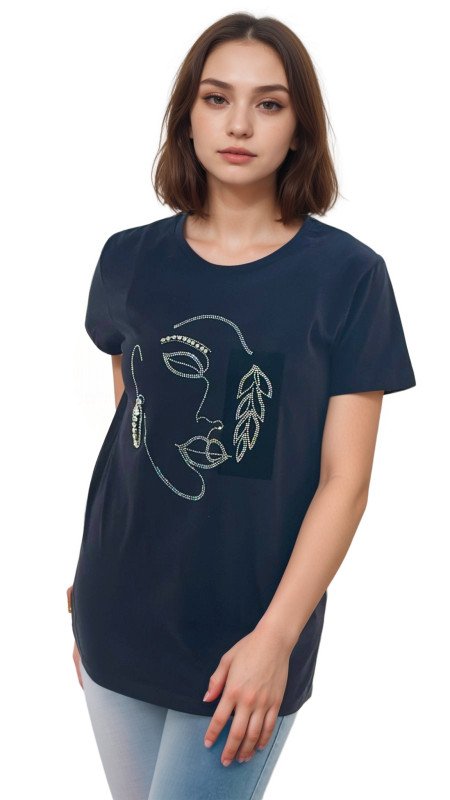 Women's Lady Face Print Round Neck Short Sleeve T-Shirt - Black