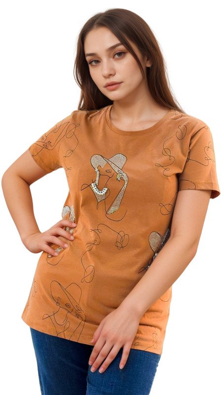 Women's Lady With Hat Design Round Neck Short Sleeve T-Shirt - Brown