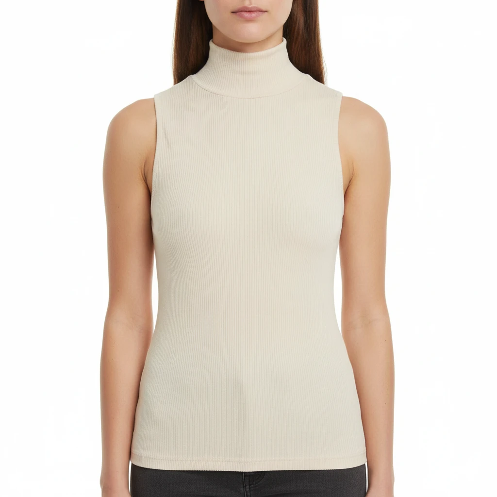 166004 Women's Mock Neck Sleeveless Top – Slim Fit Black Fitted Tank Top - Beige
