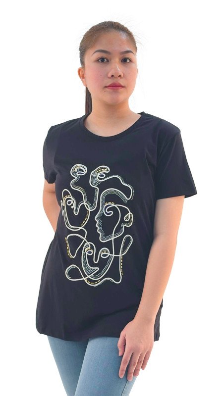 Women's Geometric Design Round Neck Short Sleeve T-Shirt - Black